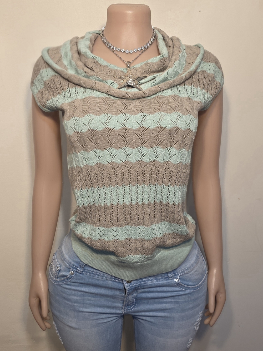 The Limited Mint Green and Taupe Striped Short-Sleeve Knit Sweater
